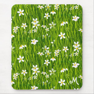 Tapis De Souris Monogramme, fleurs blanches et feuilles vertes