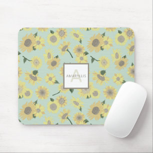 Tapis De Souris Monogramme Fleurs de tournesol bleu jaune