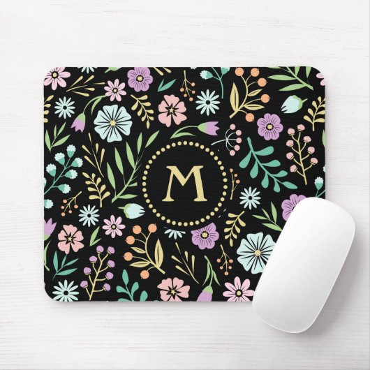 Tapis De Souris Monogramme Fleurs lunaires sur Mousepad noir (Avec souris)