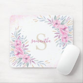 Tapis De Souris Monogramme Fleurs rose pâle Aquarelle Boho mou (Avec souris)