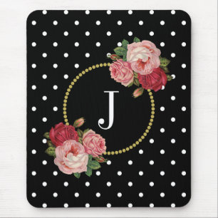 Tapis De Souris Monogramme floral antique noir élégant de pois