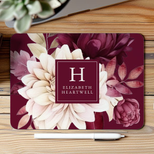 Tapis De Souris Monogramme floral aquarelle élégant bordeaux et iv