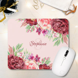 Tapis De Souris Monogramme floral Bourgogne Blush Nom
