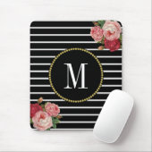 Tapis De Souris Monogramme floral de Boho antique à rayures noires (Avec souris)
