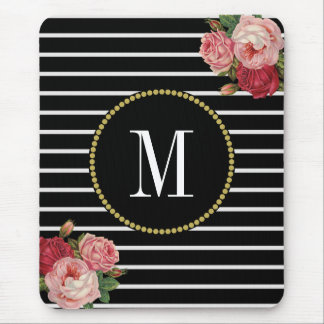 Tapis De Souris Monogramme floral de Boho antique à rayures noires