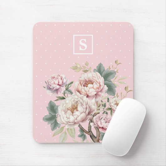 Tapis De Souris Monogramme floral de pivoine à crème blanche Vinta (Avec souris)
