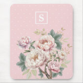Tapis De Souris Monogramme floral de pivoine à crème blanche Vinta (Devant)