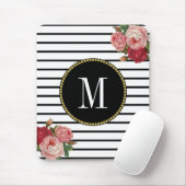 Tapis De Souris Monogramme floral noir blanc rayé Boho antique (Avec souris)