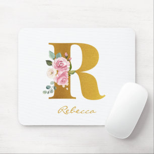 Tapis De Souris Monogramme floral nom faux or personnalisé