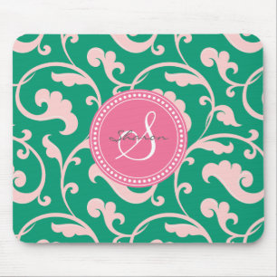 Tapis De Souris Monogramme floral rose vert girly élégant de mot
