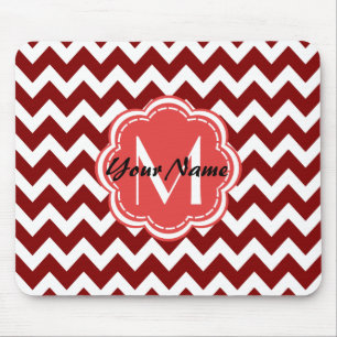 Tapis De Souris Monogramme floral rouge Chevron, Nom personnalisé