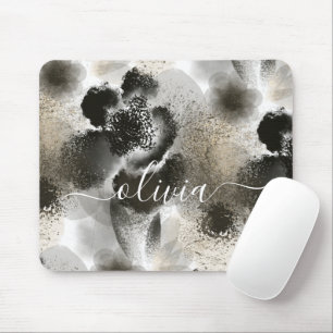 Tapis De Souris Monogramme Floral Signature Or Élégant Noir Et Or