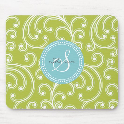 Tapis De Souris Monogramme floral vert girly élégant de motif (Devant)