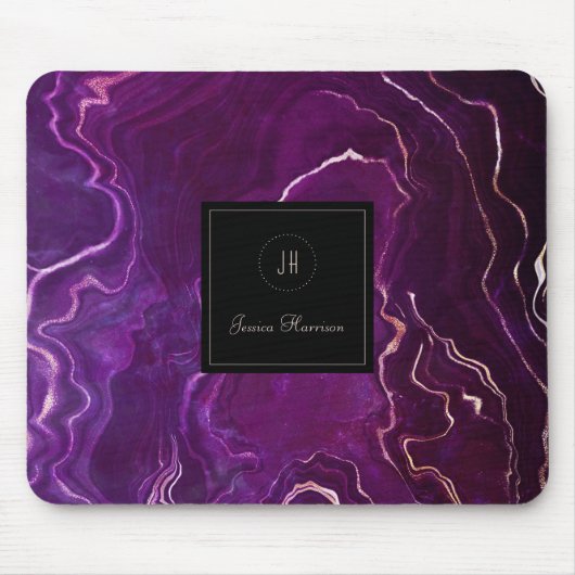 Tapis De Souris Monogramme Géode foncé violet noir Agate Abstrait (Devant)