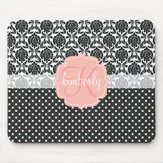 Tapis De Souris Monogramme Girly élégant de rose noir et blanc de (Devant)