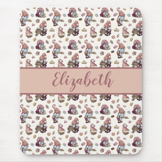 Tapis De Souris Monogramme Gnomes Baking Cupcakes Donuts Pink Scri (Devant)