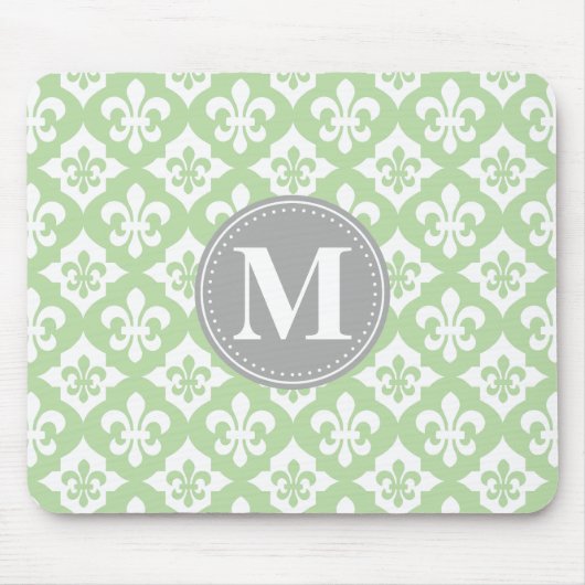 Tapis De Souris Monogramme gris vert à la menthe de fleur de lis (Devant)