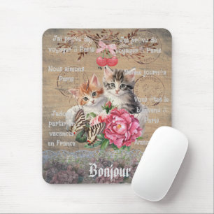 Tapis De Souris Monogramme Grunge bois Chats mignons Floral chic f