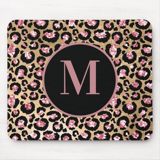 Tapis De Souris Monogramme Imprimé Léopard Guépard Rose Noir Éléga (Devant)