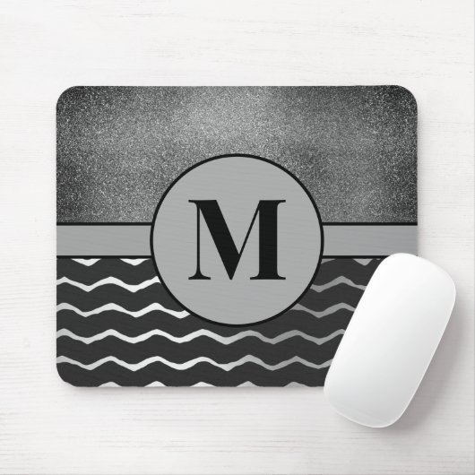 Tapis De Souris Monogramme Initial Argent Pailleté Chevron Noir (Avec souris)