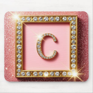 Tapis De Souris Monogramme initial C diamant pailleté rose cadre o