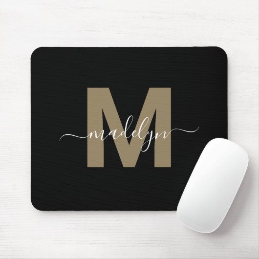 Tapis De Souris Monogramme Initial Nom de Script Or Noir Moderne (Avec souris)