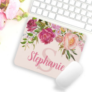 Tapis De Souris Monogramme Initial Nom Floral Rose Élégant de Verd
