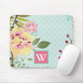 Tapis De Souris Monogramme | Jardin floral, Arrière - plan bleu (Avec souris)