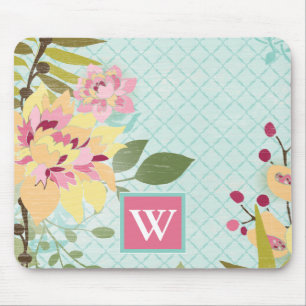 Tapis De Souris Monogramme   Jardin floral, Arrière - plan bleu