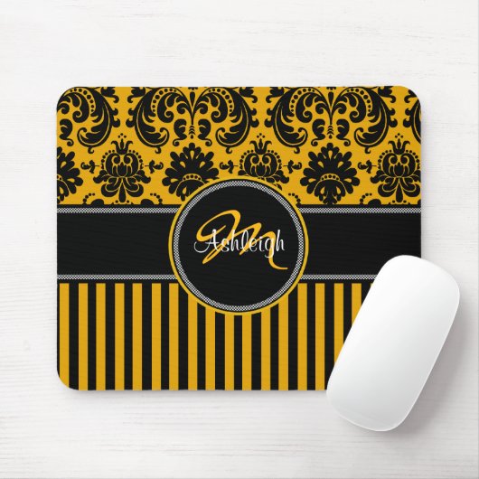 Tapis De Souris Monogramme Jaune Noir Blancs Frappe Damas Mousepad (Avec souris)