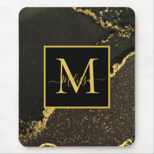 Tapis De Souris Monogramme marbré noir et or moderne