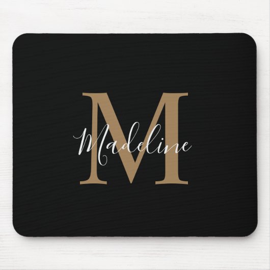 Tapis De Souris Monogramme moderne de script noir et or (Devant)