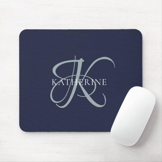 Tapis De Souris Monogramme moderne élégant Script Marine Bleu (Avec souris)