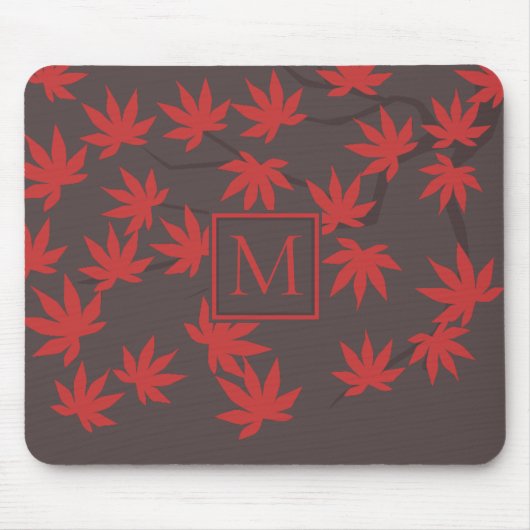 Tapis De Souris Monogramme Moderne Feuille d'Érable Rouge Grise (Devant)