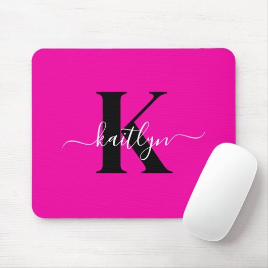 Tapis De Souris Monogramme moderne rose noir écriture script (Avec souris)