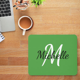 Tapis De Souris Monogramme moderne simple initial + Nom Vert Blanc