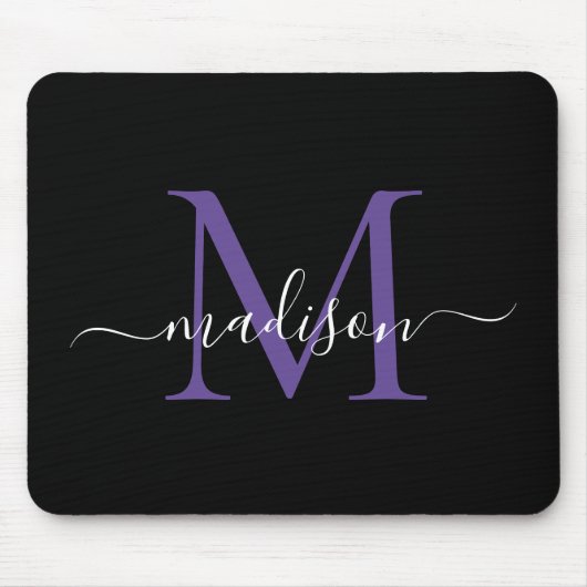 Tapis De Souris Monogramme moderne Violet violet noir Script de fi (Devant)