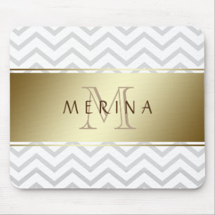 Tapis De Souris Monogramme Motif Gold Chevron Grey Personnaliser