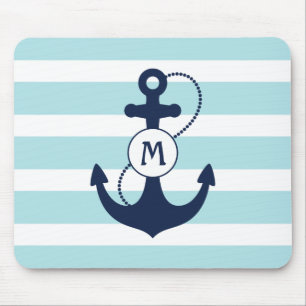 Tapis De Souris Monogramme nautique bleu-clair d'Ancre
