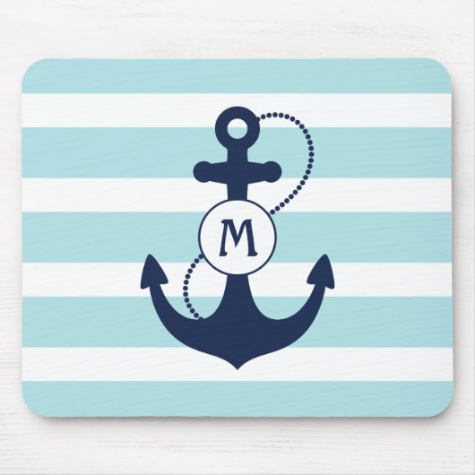 Tapis De Souris Monogramme nautique bleu-clair d'Ancre (Devant)