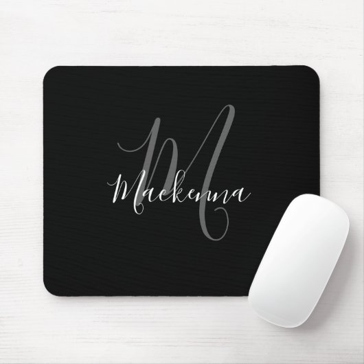Tapis De Souris Monogramme noir blanc élégant moderne Script Girly (Avec souris)