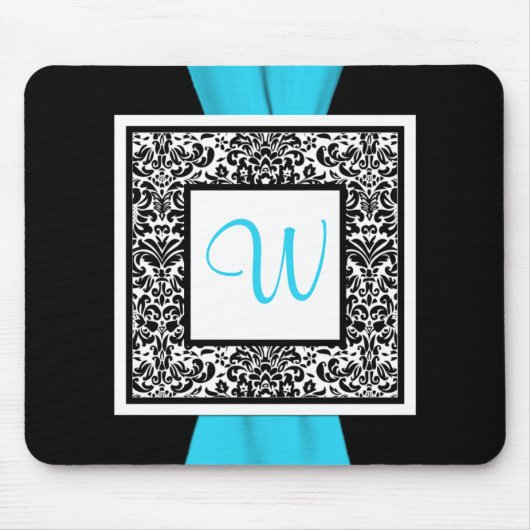 Tapis De Souris Monogramme Noir, Bleu, Blanc Damas Mousepad (Devant)
