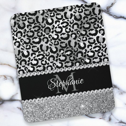 Tapis De Souris Monogramme noir et argent léopard fille glam