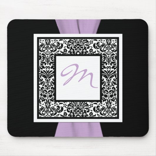 Tapis De Souris Monogramme Noir, Lavende, Blanc Damas Mousepad (Devant)