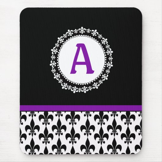 Tapis De Souris Monogramme noir violet Fleur de Lis (Devant)