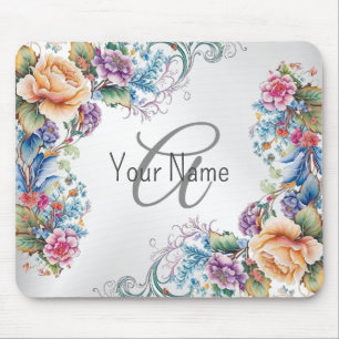 Tapis De Souris Monogramme Nom Colorful Floral Frame Élégant Moder