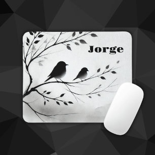 Tapis De Souris Monogramme Oiseaux noirs et blancs simples dans le