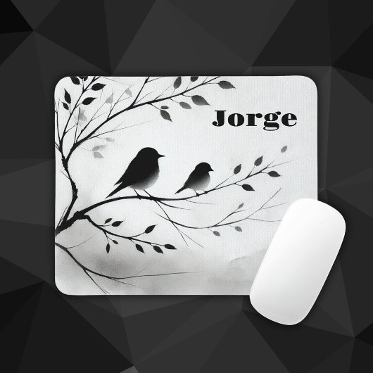 Tapis De Souris Monogramme Oiseaux noirs et blancs simples dans le