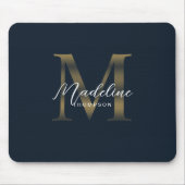 Tapis De Souris Monogramme Or et Bleu Nuit Métallisé Chic Script (Devant)