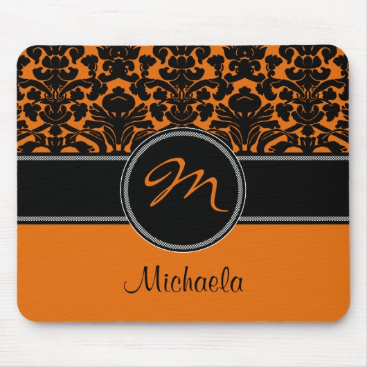 Tapis De Souris Monogramme Orange noir blanc Damas Mousepad (Devant)